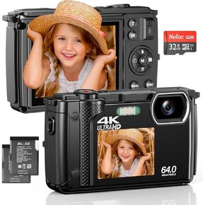 4K Digital Camera for Photography 64MP Autofocus Video Camera with SD Card,Compact Vlogging Camera with 16X Zoom,YouTube Point and Shoot Camera for Beginners Kids