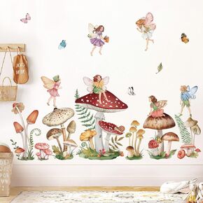 wondever Woodland Mushroom Wall Decals Fairy Butterfly Forest Peel and Stick Wall Art Stickers for Girls Bedroom Baby Nursery Living Room