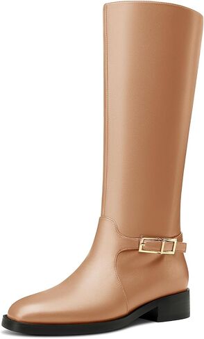 Castamere Riding Boots for Women Knee High Round Toe Low Chunky Block Heel Metal Buckle Fashion Slip-on Tall Long Boots Mid Calf Boots 1.4 Inches in Saudi Arabia