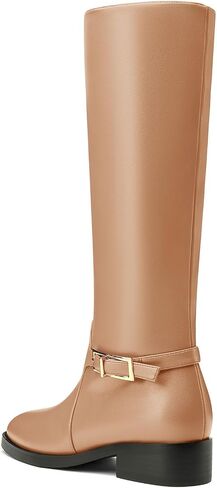 Castamere Riding Boots for Women Knee High Round Toe Low Chunky Block Heel Metal Buckle Fashion Slip-on Tall Long Boots Mid Calf Boots 1.4 Inches in Saudi Arabia