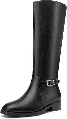 Castamere Riding Boots for Women Knee High Round Toe Low Chunky Block Heel Metal Buckle Fashion Slip-on Tall Long Boots Mid Calf Boots 1.4 Inches in Saudi Arabia