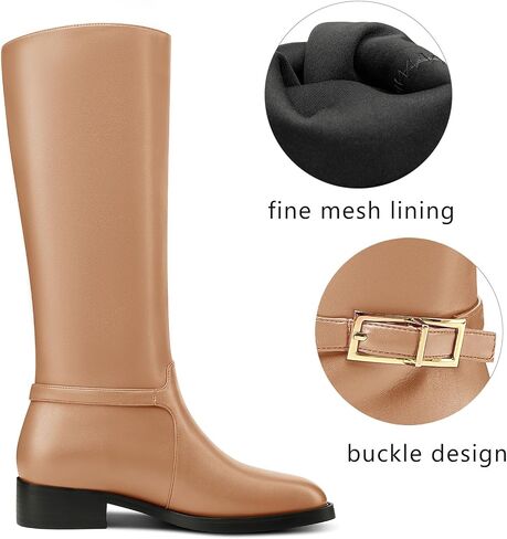 Castamere Riding Boots for Women Knee High Round Toe Low Chunky Block Heel Metal Buckle Fashion Slip-on Tall Long Boots Mid Calf Boots 1.4 Inches in Saudi Arabia