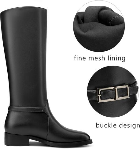 Castamere Riding Boots for Women Knee High Round Toe Low Chunky Block Heel Metal Buckle Fashion Slip-on Tall Long Boots Mid Calf Boots 1.4 Inches in Saudi Arabia