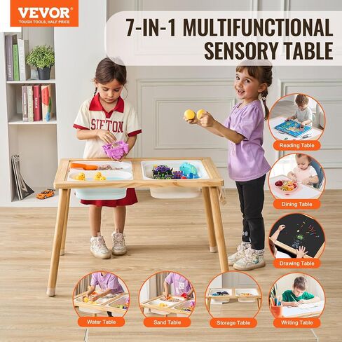 VEVOR Sensory Table for Toddlers, Kids Activity Table with 3 Foldable Storage Bins & Paper Roll Holder, Indoor/Outdoor Play Sand and Water Table, Wooden Kids Sensory Drawing Table, Gift for Boys Girls in Saudi Arabia