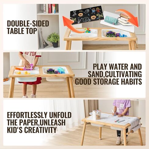 VEVOR Sensory Table for Toddlers, Kids Activity Table with 3 Foldable Storage Bins & Paper Roll Holder, Indoor/Outdoor Play Sand and Water Table, Wooden Kids Sensory Drawing Table, Gift for Boys Girls in Saudi Arabia