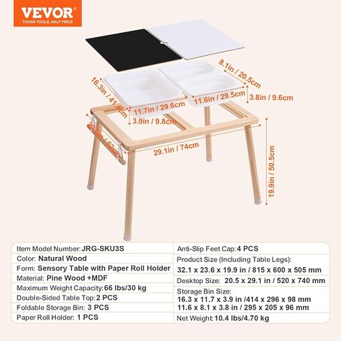 VEVOR Sensory Table for Toddlers, Kids Activity Table with 3 Foldable Storage Bins & Paper Roll Holder, Indoor/Outdoor Play Sand and Water Table, Wooden Kids Sensory Drawing Table, Gift for Boys Girls in Saudi Arabia