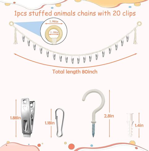 1 Pcs Stuffed Animal Storage Chains with 20 Lover Clips Hanging for Stuffed Animals Hammock Holder 80inch Stuffed Toy Chain Display for Nursery Wall Corner Decor Boho Organizer(1 Pcs White) in Saudi Arabia