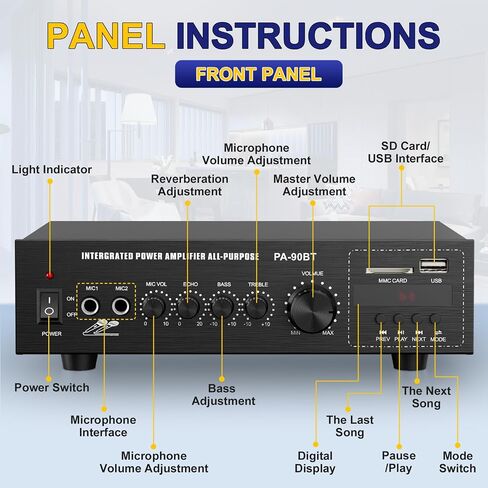 Facmogu FS-206 Public Address Amplifier, 60W Home Compact Public Address Mono Bluetooth Amplifier for PA Speakers, PA Amplifier PA System w/FM, BT, LED Display, Remote, USB/AUX/Mic in, 70V/100V Out in Saudi Arabia
