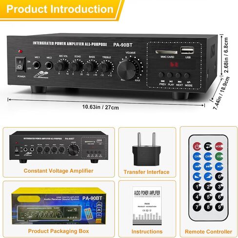 Facmogu FS-206 Public Address Amplifier, 60W Home Compact Public Address Mono Bluetooth Amplifier for PA Speakers, PA Amplifier PA System w/FM, BT, LED Display, Remote, USB/AUX/Mic in, 70V/100V Out in Saudi Arabia