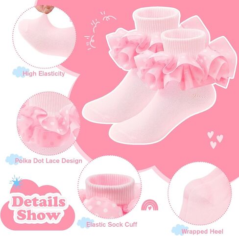 Durio Ruffle Socks for Girls Toddler Ruffle Socks Lace Polka Dot Socks for Kids Baby Socks Frilly Dress Ankle Socks in Kuwait