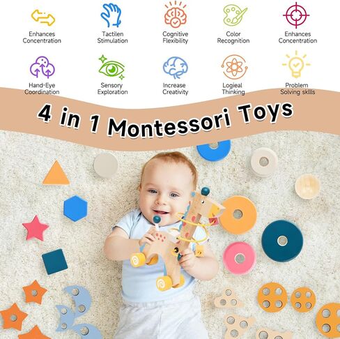 4-in-1 Wooden Montessori Toys for 3+ Year Old - Educational Sensory Toys for Toddlers Aged 3+, Baby Learning Toys for Boys and Girls, Christmas Thanksgiving Birthday Gifts in Saudi Arabia