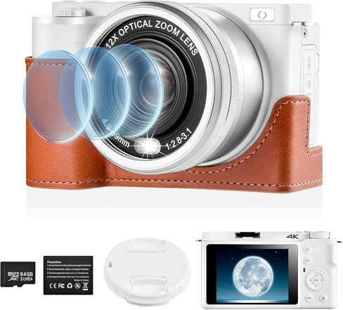 4K Digital Camera for Photography and Video, 12X Optical Zoom 64MP Autofocus Anti-Shake Vlogging Camera for YouTube, Built-in Fill Light and Flash Travel Camera with 64GB SD Card,Battery (White) in Saudi Arabia