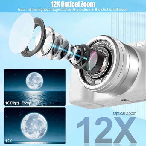 4K Digital Camera for Photography and Video, 12X Optical Zoom 64MP Autofocus Anti-Shake Vlogging Camera for YouTube, Built-in Fill Light and Flash Travel Camera with 64GB SD Card,Battery (White) in Saudi Arabia