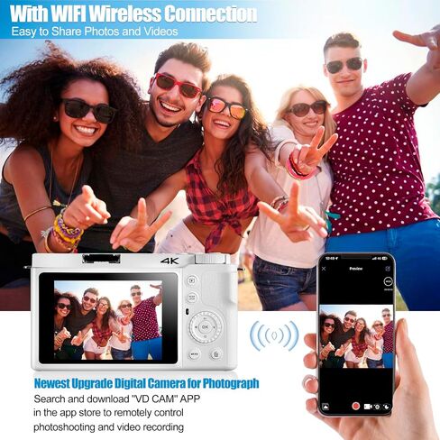 4K Digital Camera for Photography and Video, 12X Optical Zoom 64MP Autofocus Anti-Shake Vlogging Camera for YouTube, Built-in Fill Light and Flash Travel Camera with 64GB SD Card,Battery (White) in Saudi Arabia
