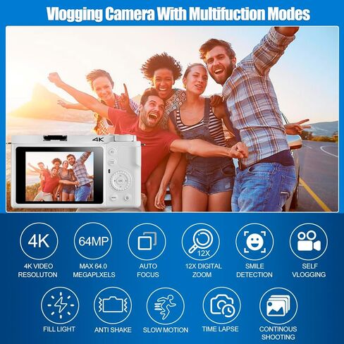 4K Digital Camera for Photography and Video, 12X Optical Zoom 64MP Autofocus Anti-Shake Vlogging Camera for YouTube, Built-in Fill Light and Flash Travel Camera with 64GB SD Card,Battery (White) in Saudi Arabia