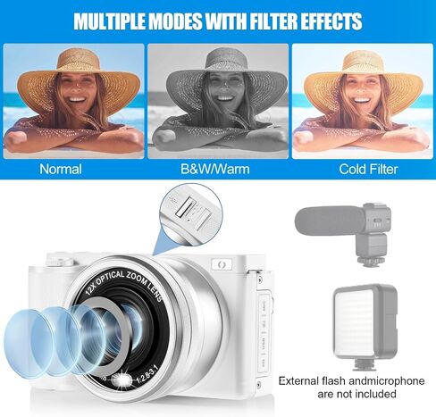 4K Digital Camera for Photography and Video, 12X Optical Zoom 64MP Autofocus Anti-Shake Vlogging Camera for YouTube, Built-in Fill Light and Flash Travel Camera with 64GB SD Card,Battery (White) in Saudi Arabia