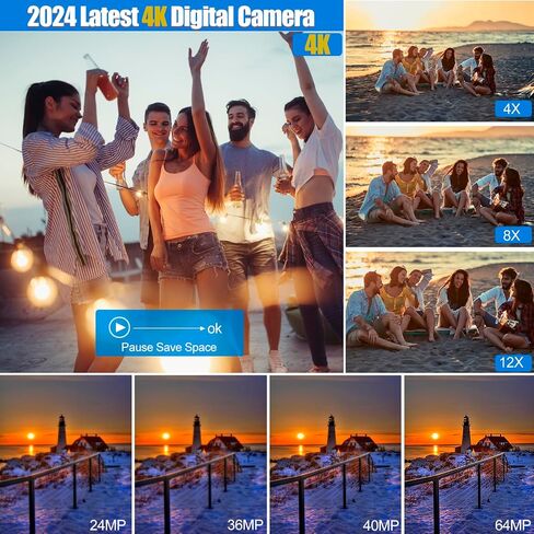 4K Digital Camera for Photography and Video, 12X Optical Zoom 64MP Autofocus Anti-Shake Vlogging Camera for YouTube, Built-in Fill Light and Flash Travel Camera with 64GB SD Card,Battery (White) in Saudi Arabia