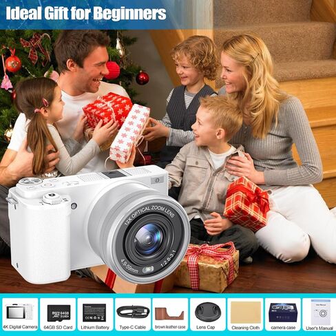 4K Digital Camera for Photography and Video, 12X Optical Zoom 64MP Autofocus Anti-Shake Vlogging Camera for YouTube, Built-in Fill Light and Flash Travel Camera with 64GB SD Card,Battery (White) in Saudi Arabia