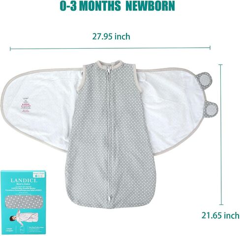 LANDICI Baby Sleep Sack 0-3 Months, 100% Cotton Swaddles for Newborns, Baby Wearable Blanket, Sleeping Bag with 2-Way Zip for Baby Girl Boy, Easy Changes Swaddle Sack (Gray Polka Dots, One Size) in Saudi Arabia