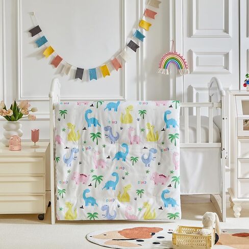 طقم سرير أطفال مكون من 3 قطع باللون الأبيض لحاف مبطن مع ملاءة جاهزة وتنورة سرير للأولاد والبنات طقم سرير أطفال على شكل دائرة لطيفة مع مجموعة مفروشات أطفال بنقاط ملونة باللون الوردي والأصفر والرمادي المخضر in Kuwait