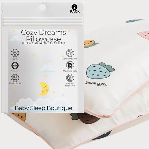 Toddler Pillowcase for Bedtime 2 Pack, 13" x 18" - Organic 100% Cotton Pillow Case with Fun for Boy & Girl - Pillowcase Only (Strawberry) in Saudi Arabia