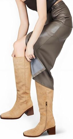 UBWDU Knee High Boots Women Chunky Heel Square Toe Tall Boots High Heel Long Booties with Zip in Saudi Arabia
