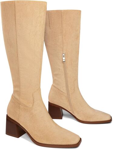 UBWDU Knee High Boots Women Chunky Heel Square Toe Tall Boots High Heel Long Booties with Zip in Saudi Arabia