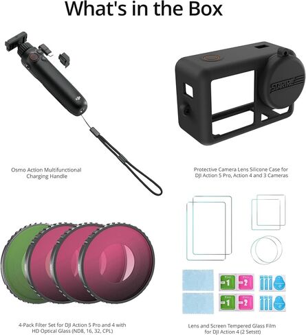DJI Osmo Action Multifunctional Charging Handle with ND Filter Set, Silicone Camera Case, and Tempered Glass Screen Protectors Bundle - Charging Handle with high-Capacity Battery (4 Items) in Saudi Arabia