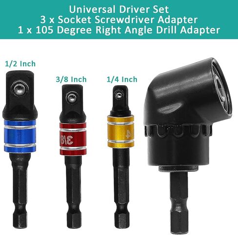 مجموعة مفك عالمية، 3 قطع 1/4 3/8 1/2 بوصة مجموعة محول مقبس مثقاب، ملحق مثقاب زاوية يمين أسود 105 درجة، مجموعة مفك تمديد سداسي لقمة مفك براغي in Kuwait