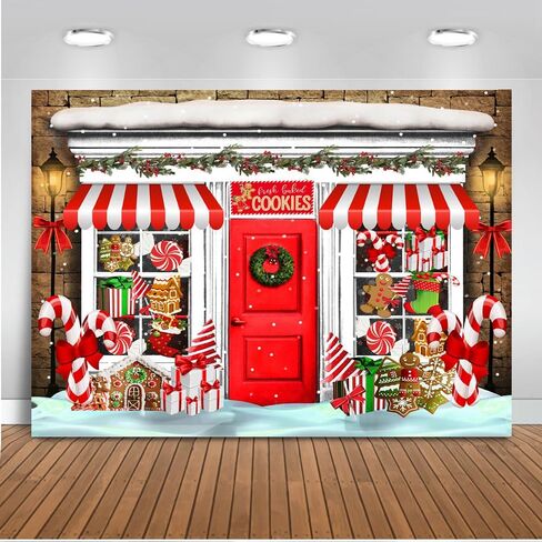 Mocsicka Christmas Candy Store Backdrop for Photography Xmas Gingerbread Store Photo Background Red and White Candy Cane Holiday Party Decor Portrait Studio Booth Photobooth Props (7x5ft) in Saudi Arabia
