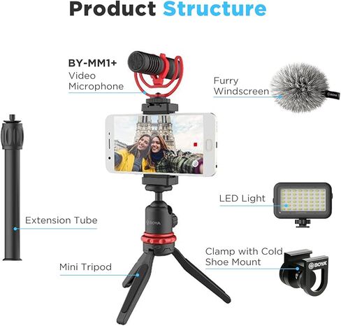 مجموعة أدوات تصوير الفيديو للهواتف الذكية من BOYA مع MM1+ ميكروفون بندقية ومثبت ثلاثي القوائم ومصباح LED ومشبك للصدمات لمصور فيديو Vlogger وYouTube وFacebook Live Stream وتسجيل الهاتف in Kuwait