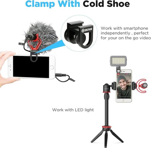مجموعة أدوات تصوير الفيديو للهواتف الذكية من BOYA مع MM1+ ميكروفون بندقية ومثبت ثلاثي القوائم ومصباح LED ومشبك للصدمات لمصور فيديو Vlogger وYouTube وFacebook Live Stream وتسجيل الهاتف in Kuwait