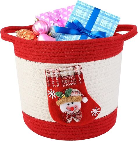 Woven Cotton Rope Basket with Christmas stocking of Snowman, Christmas Decoration Storage Basket with Handle, Baby Christmas Gift Basket for Toys, Towels, Diapers, Red in Saudi Arabia
