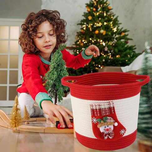 Woven Cotton Rope Basket with Christmas stocking of Snowman, Christmas Decoration Storage Basket with Handle, Baby Christmas Gift Basket for Toys, Towels, Diapers, Red in Saudi Arabia