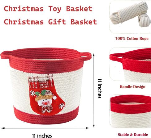 Woven Cotton Rope Basket with Christmas stocking of Snowman, Christmas Decoration Storage Basket with Handle, Baby Christmas Gift Basket for Toys, Towels, Diapers, Red in Saudi Arabia