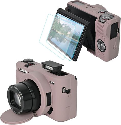 حافظة كاميرا لكاميرا Canon Powershot G7 X Mark III مع قطعتين واقي شاشة، حماية كاملة من السيليكون الناعم G7X III غطاء حماية للعدسات قابل للفصل لهاتف Canon G7X III G7X3-رمادي in Saudi Arabia