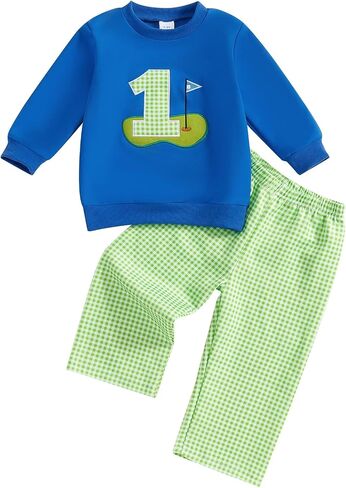 SAYOO Toddler Baby Boy Golf Outfit Hole in One Embroidery Sweatshirts Top Plaid Long Pants Set 2Pcs Golf Theme Fall Clothes in Saudi Arabia