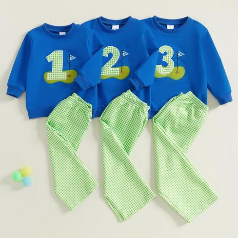 SAYOO Toddler Baby Boy Golf Outfit Hole in One Embroidery Sweatshirts Top Plaid Long Pants Set 2Pcs Golf Theme Fall Clothes in Saudi Arabia