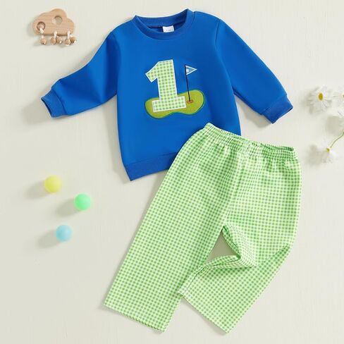 SAYOO Toddler Baby Boy Golf Outfit Hole in One Embroidery Sweatshirts Top Plaid Long Pants Set 2Pcs Golf Theme Fall Clothes in Saudi Arabia
