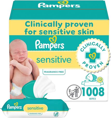 Pampers Sensitive Baby Wipes, Clinically Proven, Fragrance Free, Unscented, Water Based, Hypoallergenic, Multi-Use, Hand Wipes 1008 Wipes Total (18X Flip-Top Packs) [Packaging May Vary] in Saudi Arabia