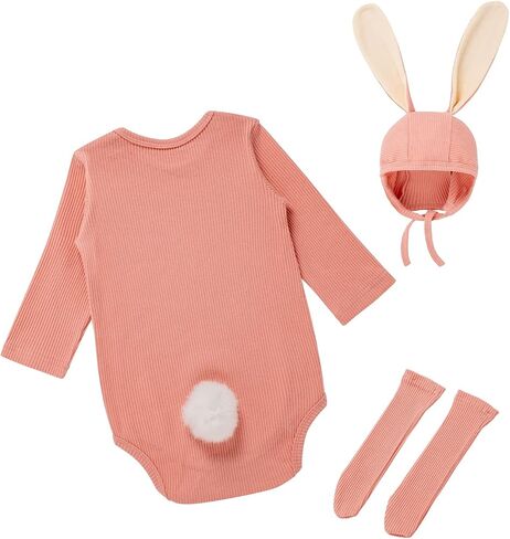Baby Girls Boys Bunny Easter Outfit Infant Newborn Pink Romper with Long Bunny Ear Hat and Tube Socks in Saudi Arabia