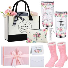 Paterr 7 Pcs Christian Gift for Women Include 20 oz Stainless Steel Tumbler Inspirational Religious Tote Bag Makeup Bag Socks Keychain Thank You Card Gift Box for Women Christian Gift