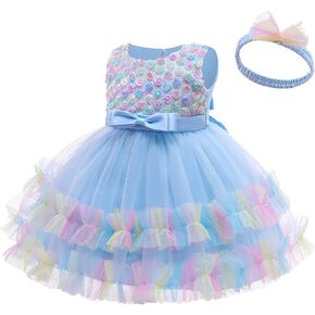 AVAZU 3M-6T 3D Flower Toddler Baby Girls Wedding Pageant Layered Dresses Birthday Party Dress with Headwear