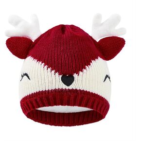 Zando Baby Christmas Hat with Antlers Reindeer Santa Hat Knitted Red Toddler Winter Hat Xmas Beanie Hat for Little Kids