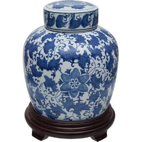 Red Lantern 10" Ladies Blue & White Porcelain Ginger Jar