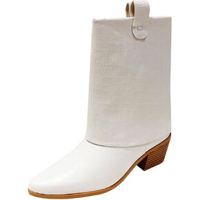 GATUXUS Women's Western Cowboy Mid Calf Boots Chunky Heel Pointed Toe Cowgirl Stone Pattern Fold Over Ankle Booties
