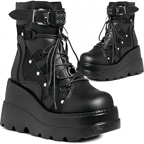 Womens Goth Platform Boots Chunky High Heel Booties Round Toe Combat Ankle Boots Womens Lace Up Motorcycle Wedges Shoes