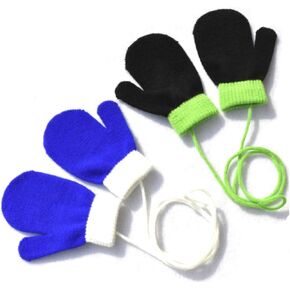 Teensery 2 Pairs Baby Winter Stretch Gloves Cute Thickening Warm Full Finger Knitted Warm Mittens with String for Infant Toddler Unisex Boys Girls