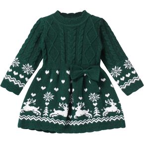 IMEKIS Toddler Baby Girl Christmas Sweater Dress Winter Snowflake Deer Print Knit Dress Xmas Holiday Photo Shoot