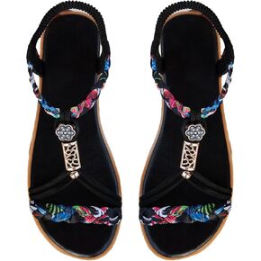 OYOANGLE Women's Printed Braided Ankle Strap Flat Sandals Open Toe Slingback Sandals Casual Vacation Shoes